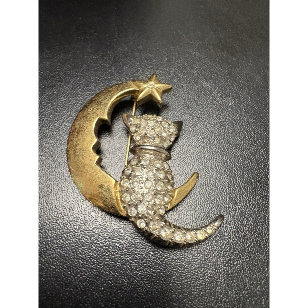 Vintage Multi Tone Moon & Kitty Cat Brooch Rhinestone Gold Tone